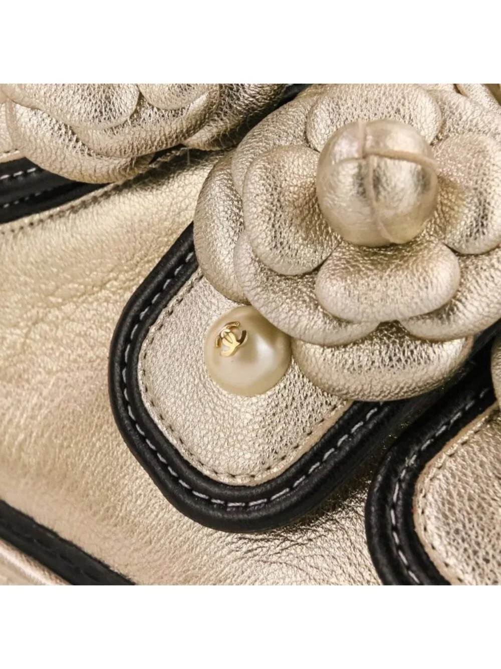 Chanel Camellia Faux Pearl CC Logo High Top Sneakers Gold Colored